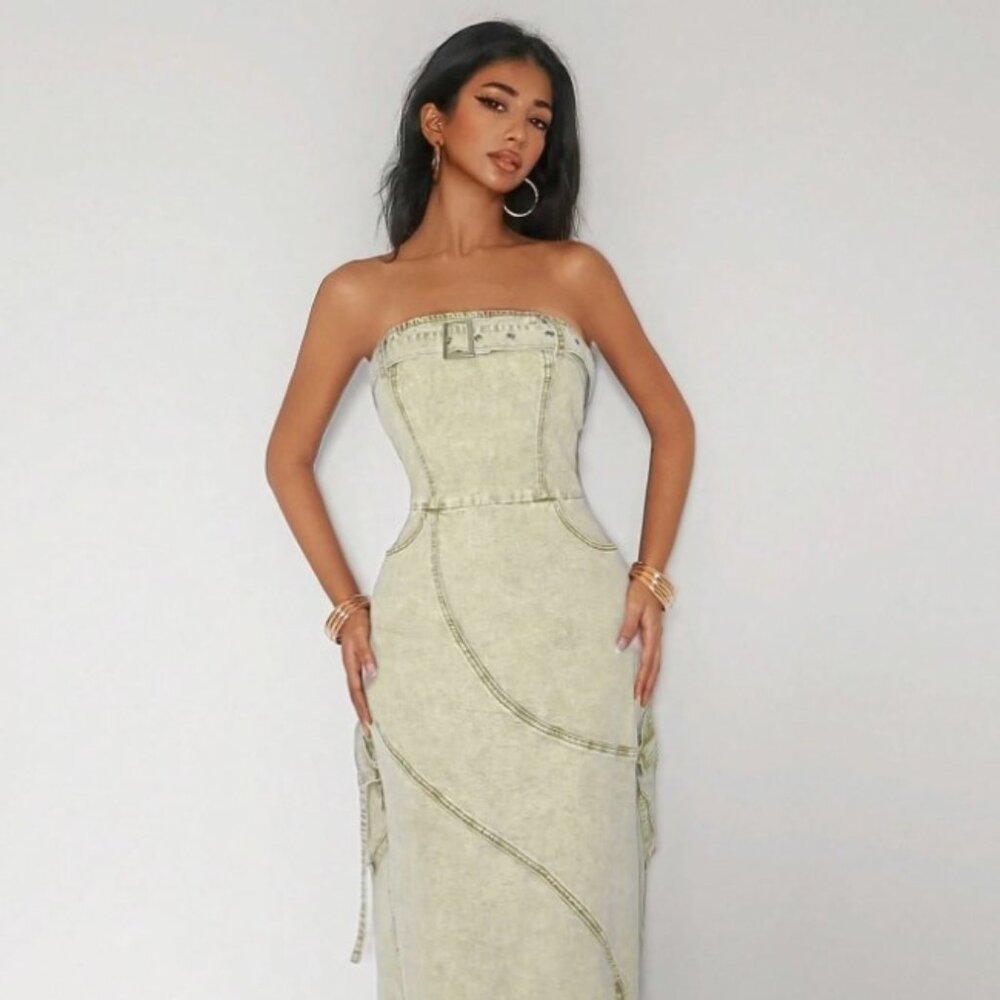 Women’s Iris Denim Strapless Buckle Patchwork Maxi Dress - Picture 4 of 6